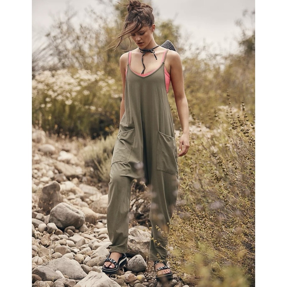 Free People Movement Hot Shot Jumpsuit Sz M Green Boho Small Light Spot C Pics